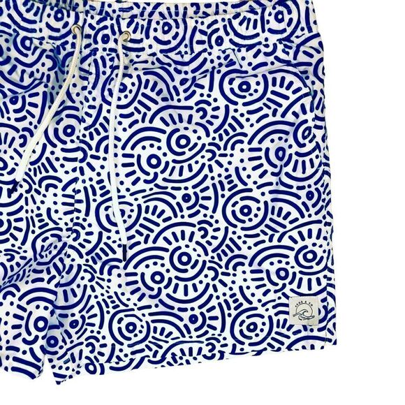 NEW Agos & Co Blue White Geometric Print  Drawstring Men’s Swim Trunks Sz 2XL - Picture 3 of 9